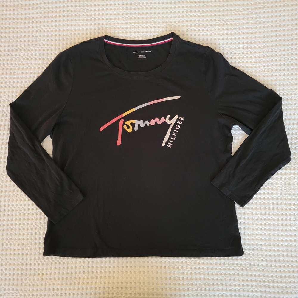 Tommy Hilfiger Long Sleeve Black Tee with Colorful Logo Women's XL